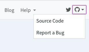 The right section of a Quarto navbar containing a Twitter and Github logo. The Github logo is selected and a menu is underneath it with two items: 'Source Code' and 'Report a Bug'