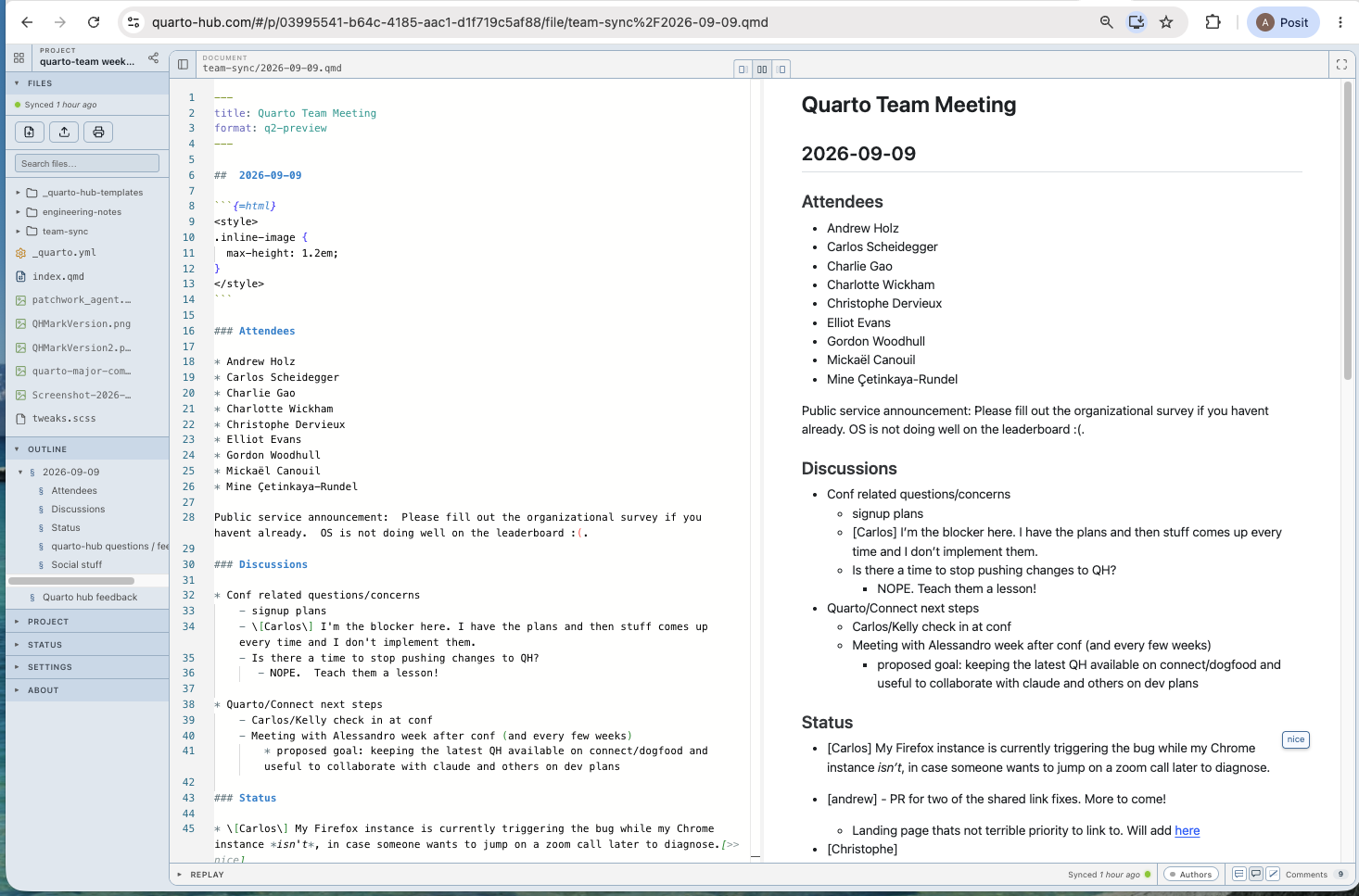 The Quarto Hub editor: project files on the left, .qmd source in the middle, the rendered page on the right with an inline comment.